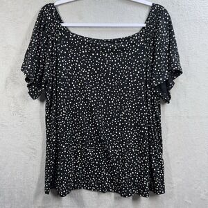 J Jill Wearever Collection Black Ditsy Dot Blouse Size XLP Off Shoulder Rayon